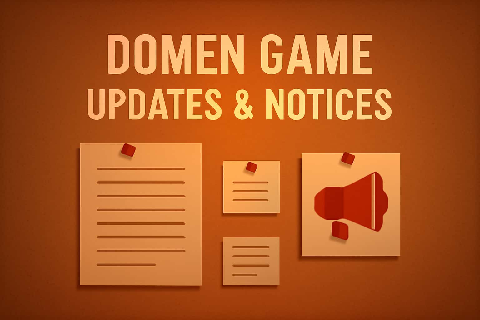 A futuristic scene displaying information about updates and notices for Domen Game.